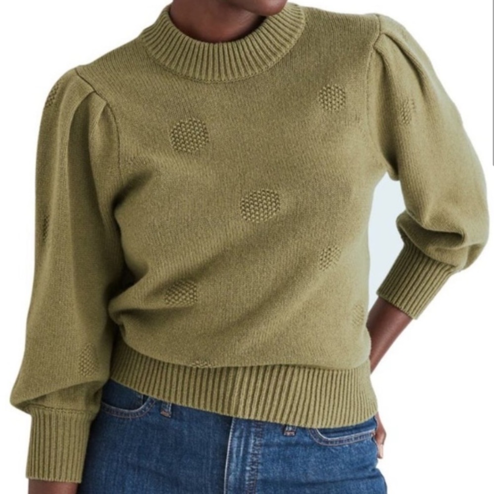 Madewell Vintage Green Dotted Eaton Puff-Sleeve Pullover Sweater Size XS (NWOT)